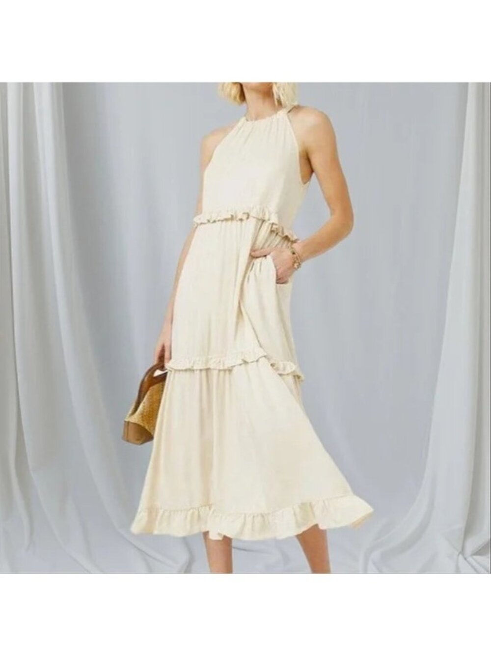HAYDEN ivory Halter Tiered Ruffle Midi Sun dress Small
